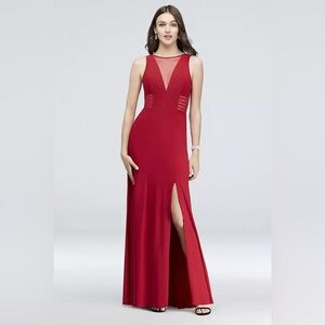 Morgan & Co Illusion-Inset V-Neck Jersey Sheath Gown NWT